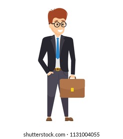 
A manager standing in three piece tie suit and briefcase in hand showing he is ready to go for work
