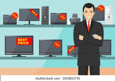 Manager in store with TVs, computers, laptops, printers, monitors. The salesman in the electrical shop. Detailed illustration of the seller on the background of shelves with appliances in flat style.