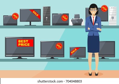 Manager in store with TVs, computers, laptops, printers, monitors. The salesman in the electrical shop. Detailed illustration of the seller on the background of shelves with appliances in flat style.