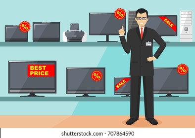 Manager in store with TVs, computers, laptops, printers, monitors. The salesman in the electrical shop. Detailed illustration of the seller on the background of shelves with appliances in flat style.