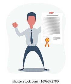 Manager or student. A man in a suit hold a certificate on completion of education. Illustration, vector