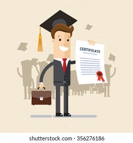 Gerente o estudiante. Un hombre de traje lleva un certificado al terminar la educación. Ilustración, vector EPS 10.