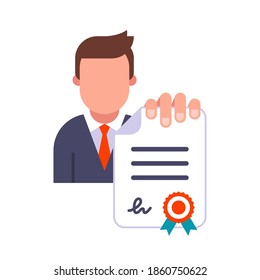 manager in a suit holds a document in his hand. present a signed and sealed contract. flat vector illustration isolated on white background.