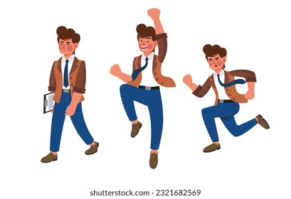Manager in suit rejoicing, holding tablet with documents and jumping for joy. Character time management. Work day schedule. Time to work and time to rest. Vector illustration in flat style