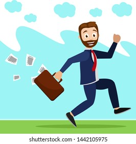 Manager with a suitcase running skipping down the street.