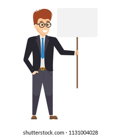 Manager suited in official dressing wearing glasses raising placard, symbolising striking