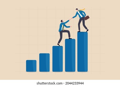 Manager support to achieve target, mentor or coaching to success in work, trusted partnership or team collaboration concept, success businessman support team member giving hand to help reach target.