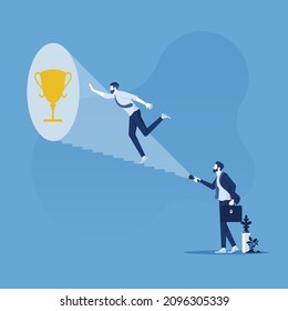 Manager Support Employee Finding Career Success, Leader Using Flashlight To Light Path Help Reaching Success Trophy