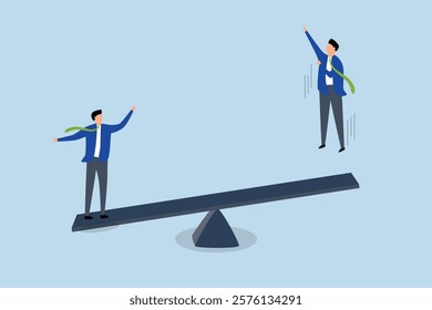 Manager support, entrepreneur supervisor leap onto seesaw assist coworker leap high to achieve goal. 