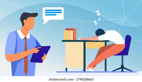 Manager with tablet reporting about sleepy colleague. Tired employee sleeping at workplace flat vector illustration. Lazy worker, office informer concept for banner, website design or landing web page