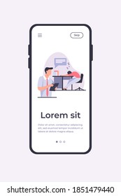 Manager with tablet reporting about sleepy colleague. Tired employee sleeping at workplace flat vector illustration. Lazy worker, office informer concept for banner, website design or landing web page