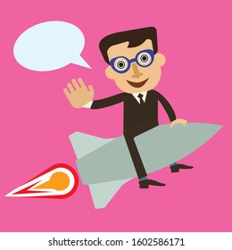 Manager takes off, sitting on a rocket, good start concept. Business and career growth.