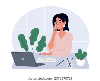 El gerente está hablando con un cliente durante una llamada telefónica. Una mujer habla por teléfono en el trabajo de la oficina. Ilustración plana vectorial.