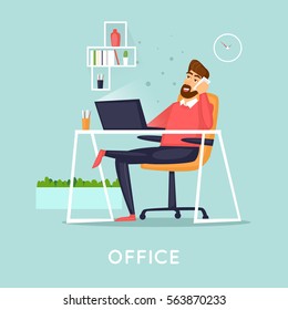 Gerente hablando por teléfono en la oficina, negocios. Ilustración vectorial plana en estilo de dibujos animados.