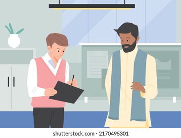 The manager is talking in traditional Indian clothes. The employee is taking notes of his words. office background. flat design style vector illustration.