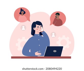 Manager talks to colleagues on phone. Woman works on laptop, performs tasks, manages time and arranges meeting with partners. Effective or productive employee. Cartoon flat vector illustration