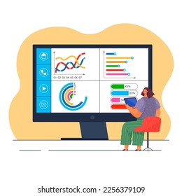 Manager testing and analyzing graph reports, business targets, company success at rate scale chart. Man looking at charts, studying financial statistics. Character works with marketing research
