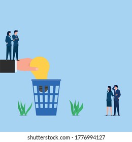 Manager throw lamp to trash metaphor of idea rejection. Business flat vector concept illustration.
