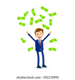 Manager throwing money above head and screaming of delight isolated on white. Man in blue suit with red tie makes rain from green dollar banknotes vector illustration in cartoon style flat design