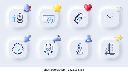 Manager, Time and Bitcoin line icons. Buttons with 3d bell, chat speech, cursor. Pack of Gluten free, Buildings, Seo targeting icon. Discount, Approved shield pictogram. For web app, printing. Vector