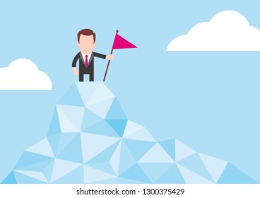 Manager at the top of the mountain with a flag in hand, in the middle of clouds