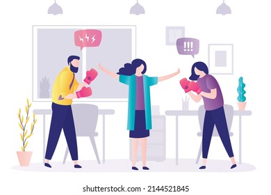 Manager tries to prevent fight between colleagues. Woman ready to fight man because of discrimination and bullying. Girl fights for equal rights at work. Business competition. Flat vector illustration