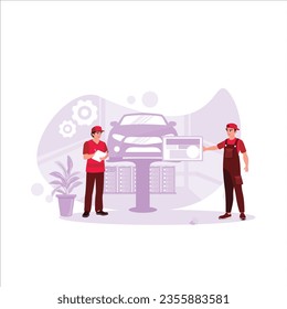 El director utiliza papel y lápiz para realizar una evaluación de riesgos en el fondo de un automóvil que se está reparando. Escenas de control financiero. Ilustración plana vectorial moderna de tendencia