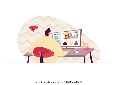 Manager using computer for video conference meeting with colleagues, discussing project and analyzing charts online. Vector illustration for group corporate communication, technology concept
