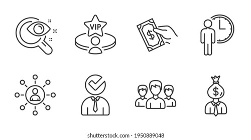 Manager, Vacancy and Networking line icons set. Pay money, Vip table and Vision test signs. Waiting, Group symbols. Work profit, Businessman concept, Business communication. People set. Vector