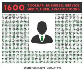 Manager vector icon and 1600 other business, service tools, medical care, software toolbar, web interface pictograms. Style is bicolor flat symbols, green and gray colors, rounded angles, white