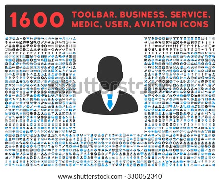 Manager vector icon and 1600 other business, service tools, medical care, software toolbar, web interface pictograms. Style is bicolor flat symbols, blue and gray colors, rounded angles, white