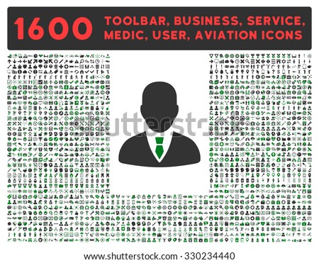 Manager vector icon and 1600 other business, service tools, medical care, software toolbar, web interface pictograms. Style is bicolor flat symbols, green and gray colors, rounded angles, white
