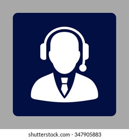Manager vector icon. Style is flat rounded square button, white and dark blue colors, silver background.