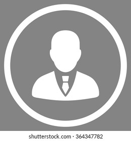 Manager vector icon. Style is flat circled symbol, white color, rounded angles, gray background.