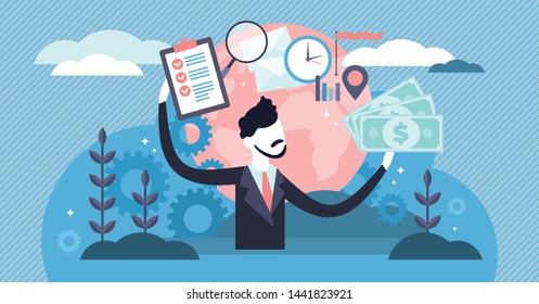 Manager vector illustration. Flat tiny business job project persons concept. Symbolic office worker with finance and work organization tools. Professional occupation and modern employee in deadline.