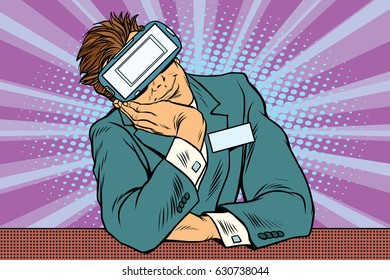 Manager at VR glasses for reception. Pop art retro vector illustration