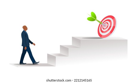 Manager walking stairs and achieving the target. Stairs with target board vector illustration. corporate base symbol design illustration.