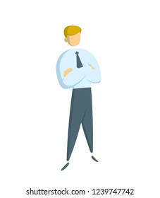 Manager in white shirt standing with his arms crossed. Concept for banners, infographics or landing pages. Flat vector illustration. Isolated on white background.