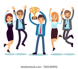 Manager with winning trophy cup and jumping employees. Success business team vector flat concept. People success with cup trophy, victory leader illustration