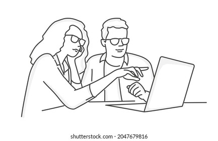 Manager woman helping employee pointing at laptop. Hand drawn vector illustration. Black and white.