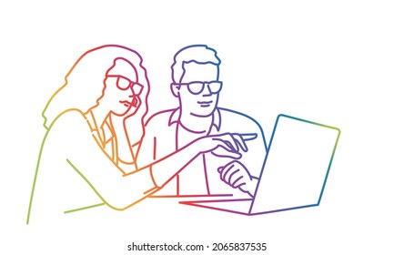 Manager woman helping employee pointing at laptop. Rainbow color. Sketch vector illustration.