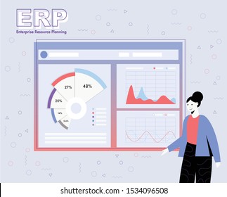 Manager Woman Stays Near Desk With Analytical Information - Diagram, Graph, Chart On It. Concept Of ERP Analytic Tools Using. Flat Vector Illustration