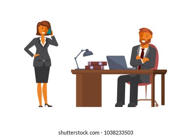 Manager woman talking to a programmer man sitting at the office desk writing code on computer in flat design isolated on white background. Vector illustration eps 10.