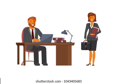Manager woman talking to a programmer man sitting at the office desk writing code on computer in flat design isolated on white background. Vector illustration eps 10.