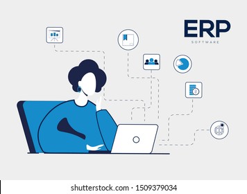 Manager woman uses ERP. Concept of growing and scaling business. Flat vector illustration