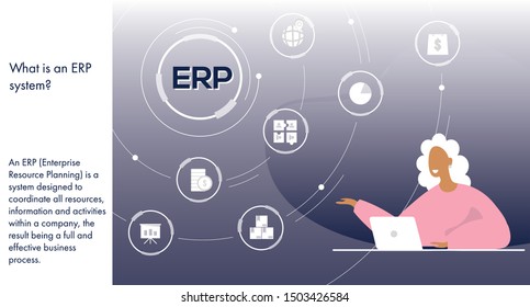 Manager Woman Uses ERP For Growing And Scaling Business. Flat Vector Illustration