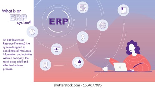 Manager Woman Uses ERP For Growing And Scaling Business. Basic Modules Of ERP System On A Background. Flat Vector Illustration