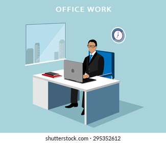 Manager working at computer in the office. 3d isometric faceless man with laptop. 