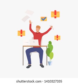 Manager working at laptop. Employee completing tasks and answering important messages. Business concept. Illustration can be used for topics like timing, schedule, deadline