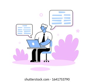 Manager working a laptop with messages floating around him. Cartoon style flat vector illustration. Isolated on white background.